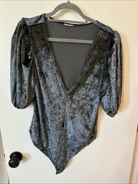 Velvet Deep V Puff-Sleeve Bodysuit - blue